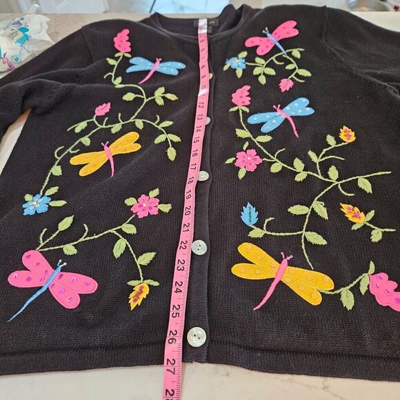 Morgan Cole Black Cardigan XL Vintage Embroidered Dragonflies Flowers - Picture 9 of 10